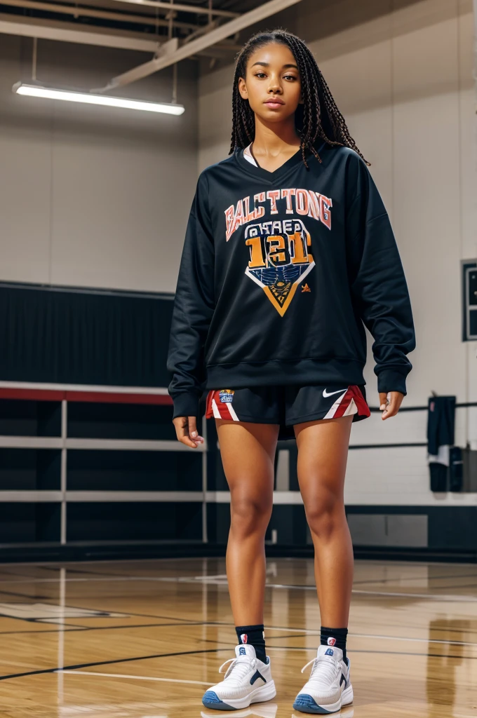 A girl standing in basketball clothes with basketball