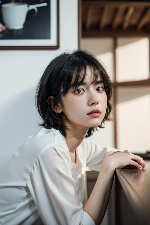 (award winning, 8k, super detailed, high resolution, best quality, photography, portrait), 1girl, solo, beautiful girl, beautiful eyes, detailed eyes, (black eye), white blouse, short hair, black hair, sitting in cafe, POV, ((lean on the wall)), from side