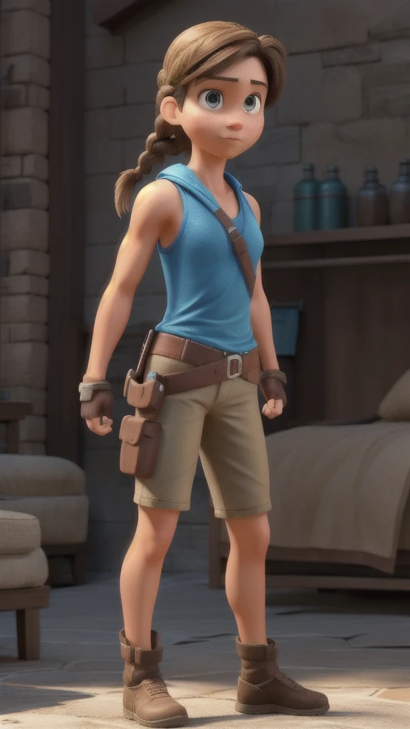 lara croft, single braid, blue tank top, brown shorts, fingerless gloves, holster
dynamic pose, upper body
