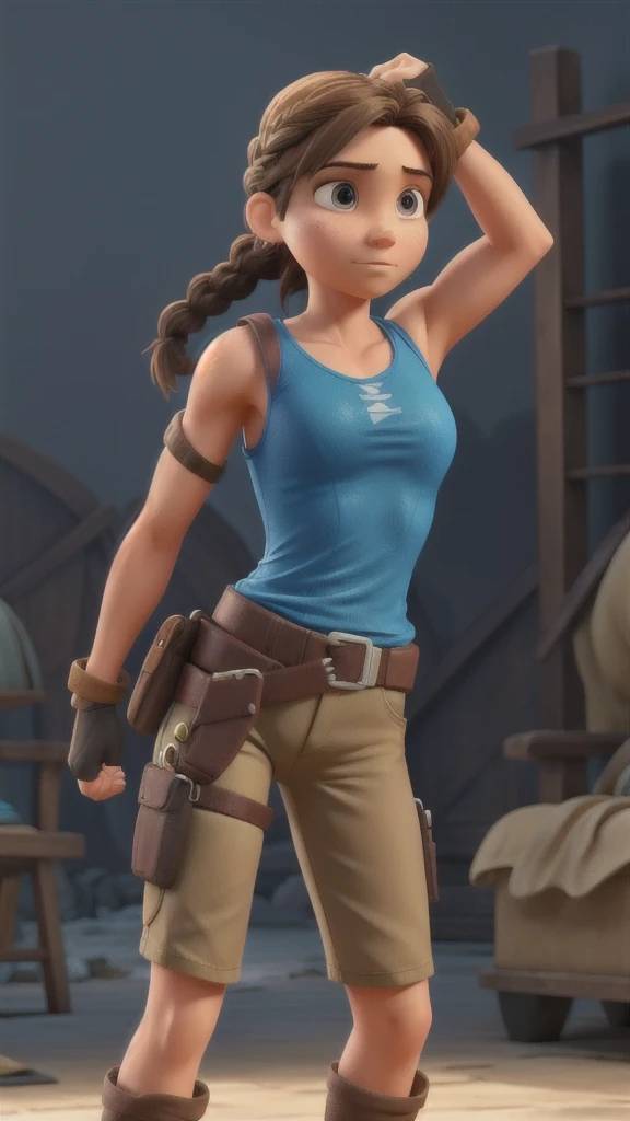 lara croft, single braid, blue tank top, brown shorts, fingerless gloves, holster 
dynamic pose, upper body