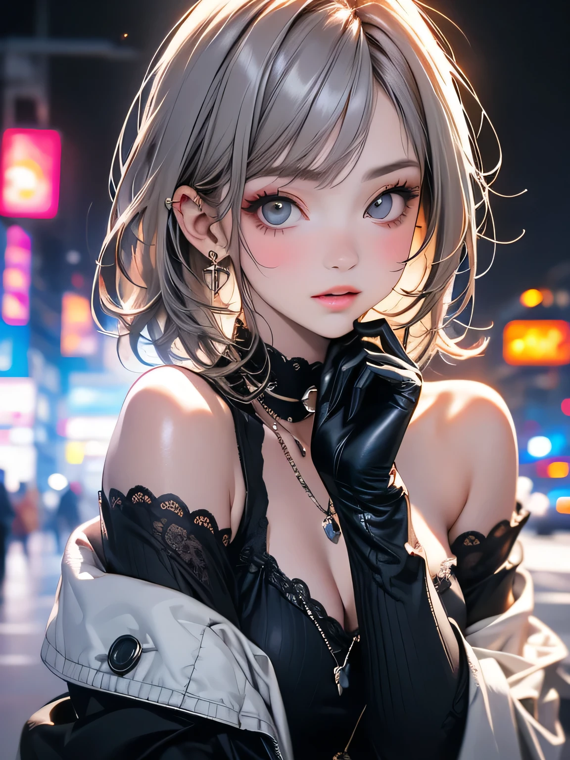 Highest quality, masterpiece, Ultra-high resolution, (Realistic: 1.4), RAW Photos, One girl, Off the shoulder, Cinema Lighting, Kiss pose, Heterochromia iridis, Gray Hair, Gray Hair