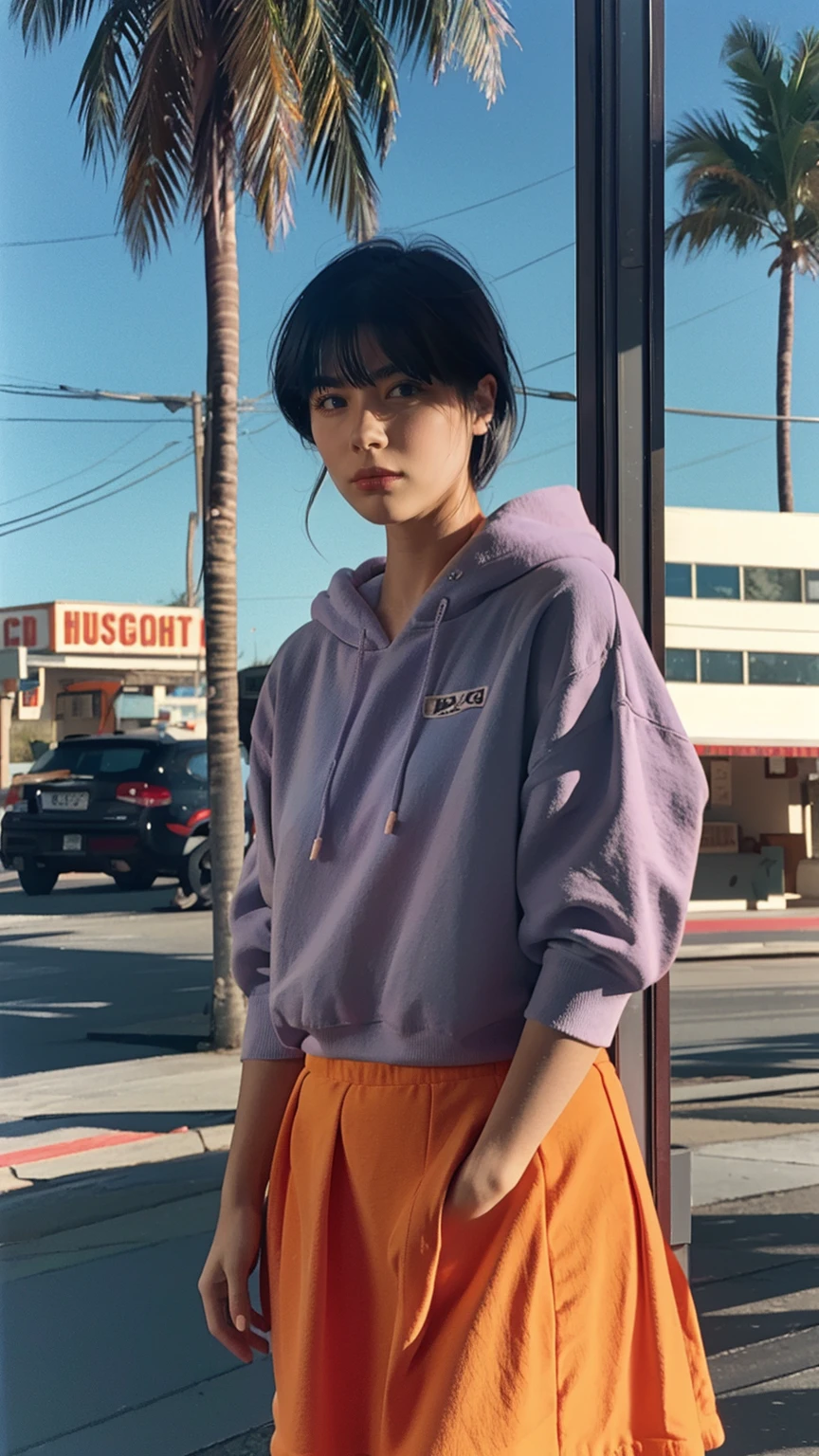 long shot portrait of cute 23 yo girl, happy body shape ,wear ((orange color oversized hoodie)), wear ((purple tennis skirt)),looking front,Best Quality,Masterpiece,Ultra High Resolution,(Realisticity:1.4),Original Photo, 1Girl, light leak,ultra high resolution,UHD,beautiful, (black bob hair), almond eye, no makeup, in front of (80's mondrian architecture motel), (realistic:1.2), (surreal:1.3), (very detailed:1.1), ((masterpiece)),summer, blue sky, palm trees,sunny, los angles vibes,film camera, 800mm lens,style of Philip Lorca diCorcia