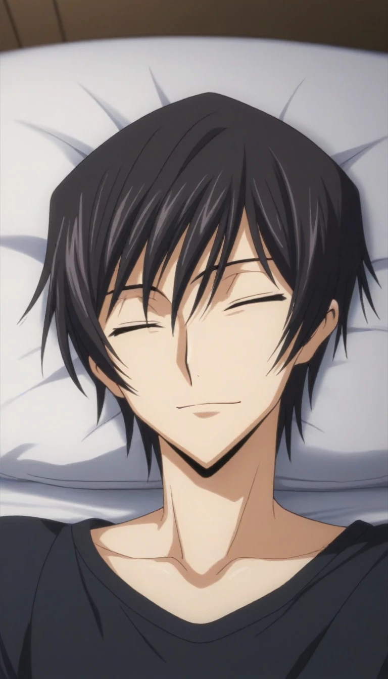 score_9, score_8_up, score_7_up, source_anime, rating_safe, intricate details, anime screencap, , , looking at viewer, depth of field, 1boy, solo, male focus, lelouch_lamperouge, black hair, purple eyes, bangs, smile, closed eyes, sleeping, cute, black pajamas costume,, bed room, night,