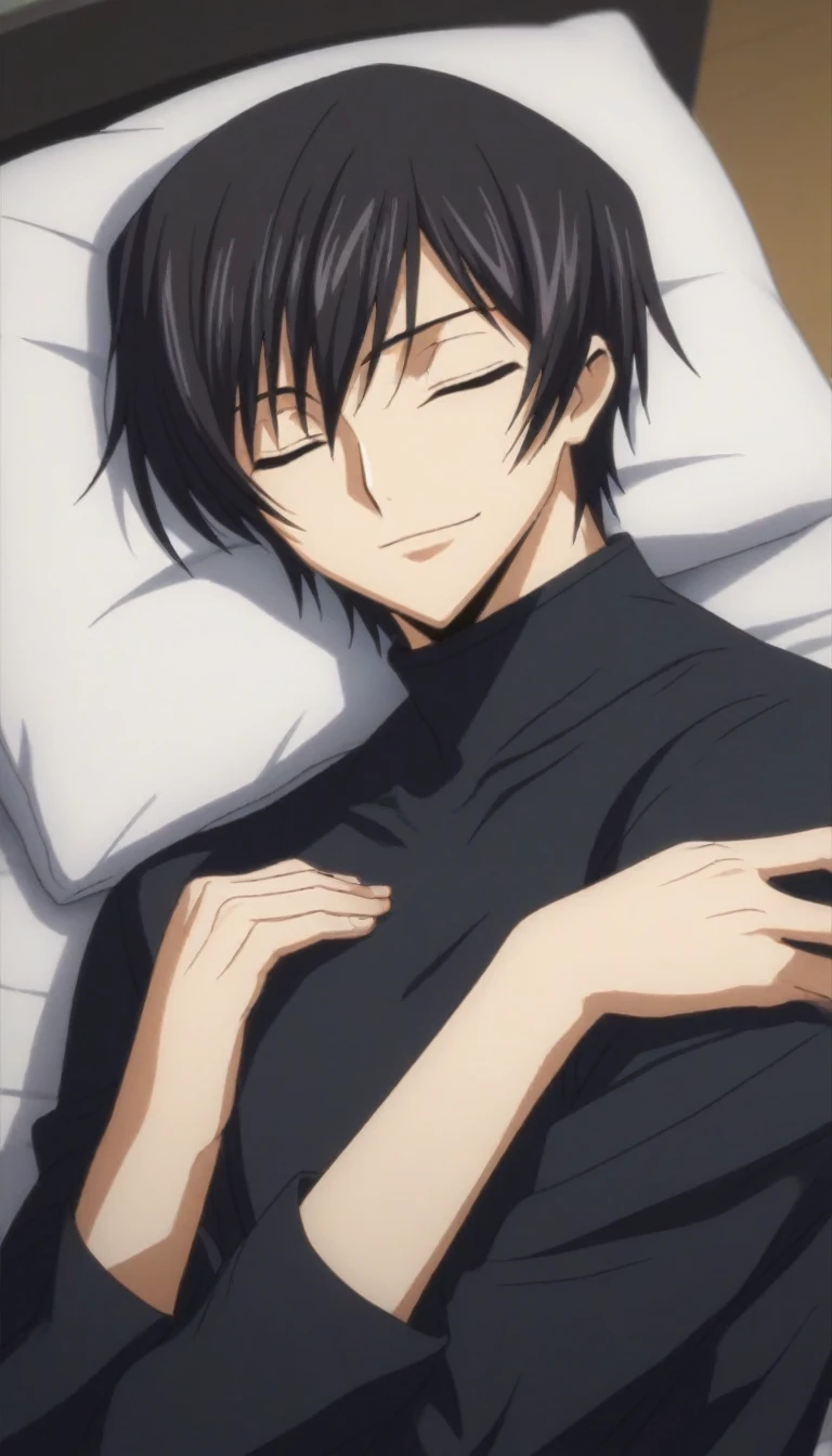 score_9, score_8_up, score_7_up, source_anime, rating_safe, intricate details, anime screencap, , , looking at viewer, depth of field, 1boy, solo, male focus, lelouch_lamperouge, black hair, purple eyes, bangs, smile, closed eyes, sleeping, cute, black pajamas costume,, bed room, night,