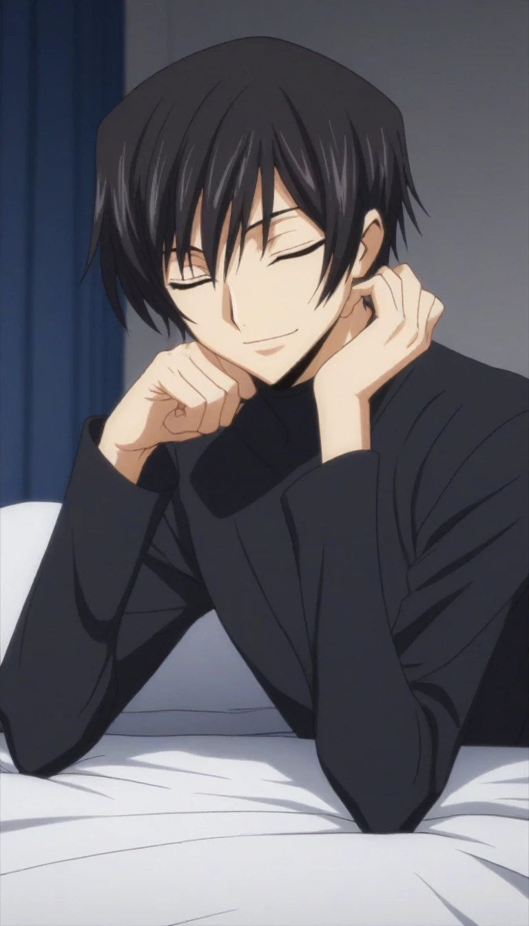 score_9, score_8_up, score_7_up, source_anime, rating_safe, intricate details, anime screencap, , , looking at viewer, depth of field, 1boy, solo, male focus, lelouch_lamperouge, black hair, purple eyes, bangs, smile, closed eyes, sleeping, cute, black pajamas costume,, bed room, night,