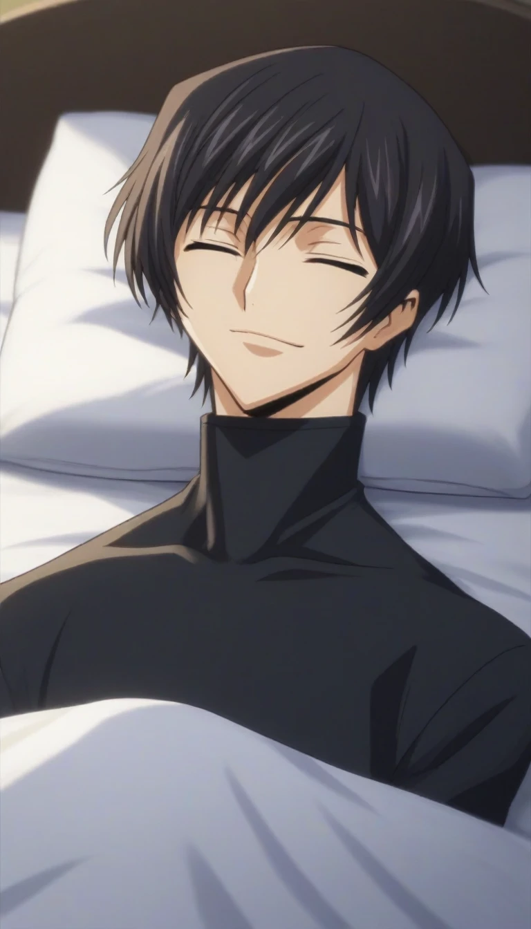 score_9, score_8_up, score_7_up, source_anime, rating_safe, intricate details, anime screencap, , , looking at viewer, depth of field, 1boy, solo, male focus, lelouch_lamperouge, black hair, purple eyes, bangs, smile, closed eyes, sleeping, cute, black pajamas costume,, bed room, night,
