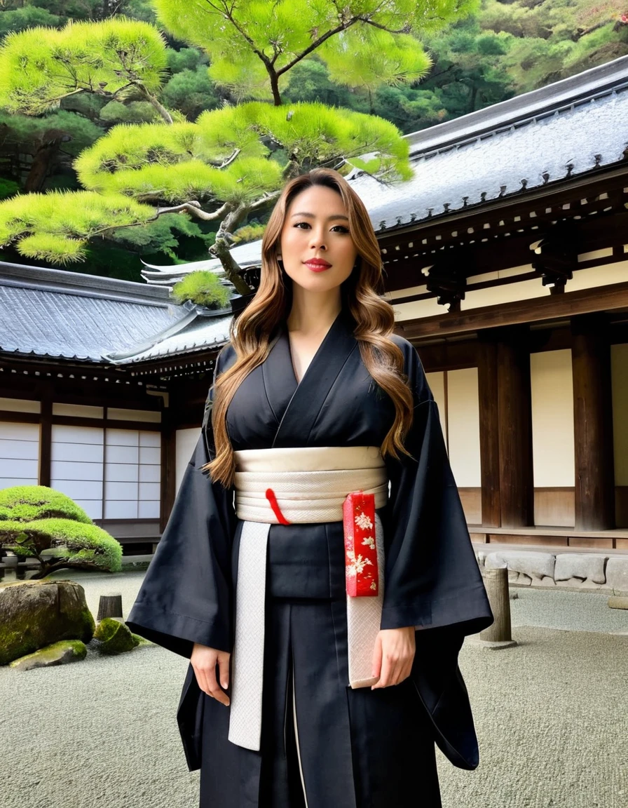 A woman with long brown hair, dressed in a black traditional kimono, standing in a historical Japanese temple.