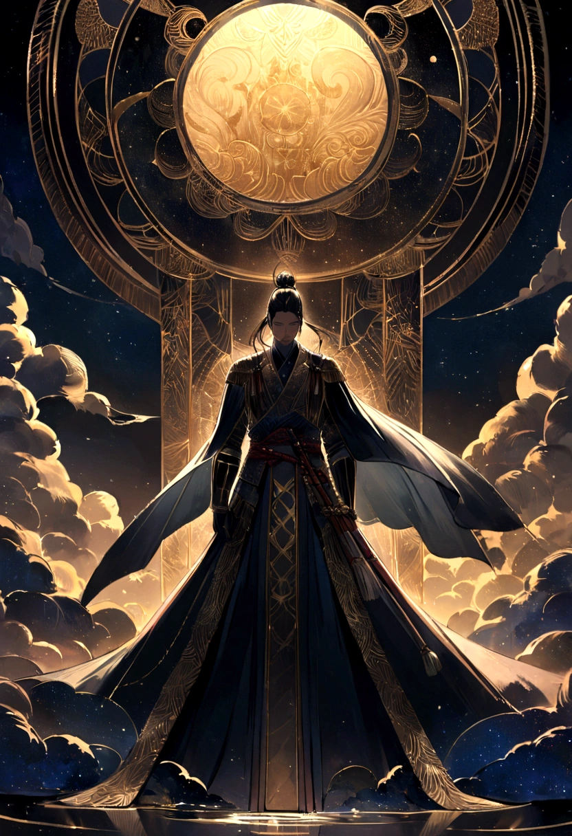 A tranquil scene of a samurai warrior on a reflective surface under a cosmic night sky, surrounded by soft, peaceful colors. The celestial backdrop and the warrior's poised stance create a serene and otherworldly atmosphere. Intricate details, ethereal lighting, hd quality