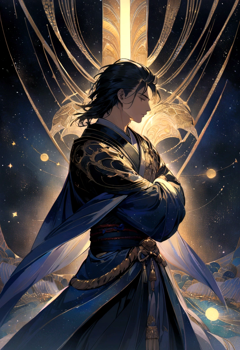 A tranquil scene of a samurai warrior on a reflective surface under a cosmic night sky, surrounded by soft, peaceful colors. The celestial backdrop and the warrior's poised stance create a serene and otherworldly atmosphere. Intricate details, ethereal lighting, hd quality