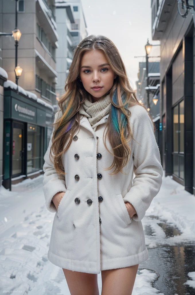 professional portrait photograph of a gorgeous Norwegian girl in winter clothing with long wavy blonde hair, sultry flirty look, gorgeous symmetrical face, cute natural makeup, wearing elegant warm winter fashion clothing, ((standing outside in snowy city street)), stunning modern urban environment, ultra realistic, concept art, elegant, highly detailed, intricate, sharp focus, depth of field, f/1. 8, 85mm, medium shot, mid shot, (((professionally color graded))), bright soft diffused light, (volumetric fog), trending on instagram, hdr 4k, 8k