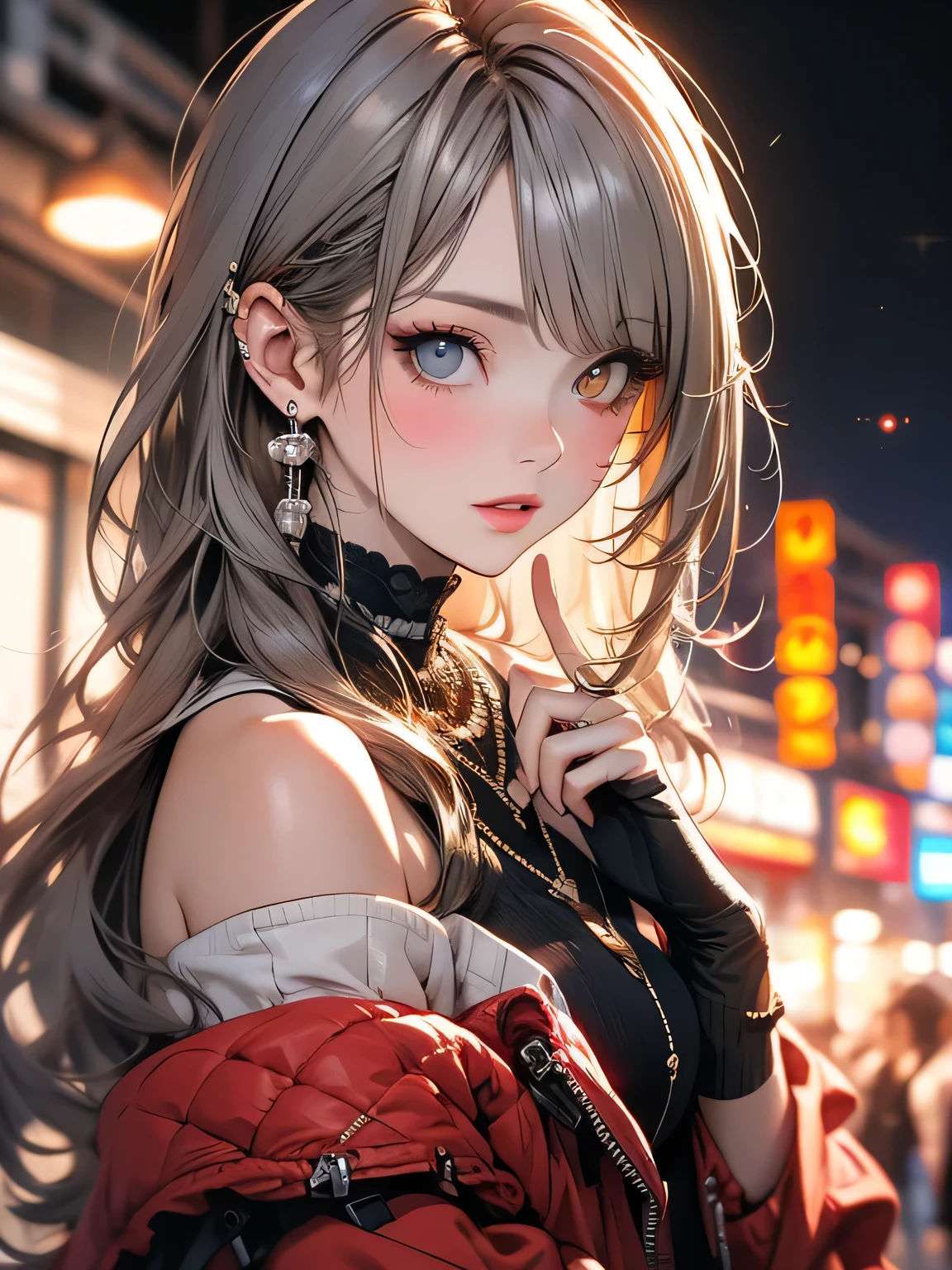 Highest quality, masterpiece, Ultra-high resolution, (Realistic: 1.4), RAW Photos, One girl, Off the shoulder, Cinema Lighting, Kiss pose, Heterochromia iridis, Gray Hair, Gray Hair