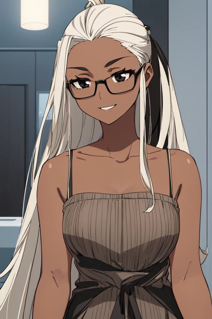 ((best quality)), ((masterpiece)), solo, 1girl, brown dark skin, white hair, black glasses, ((swept bang)), ((((hair pulled back)))), [[[forehead]]], [[[hairline]]], long hair, straight hair, black eyes, black eyebrows, 16 years old, girl, ?????????????, delicate beautiful face, black eyebrows, smile,