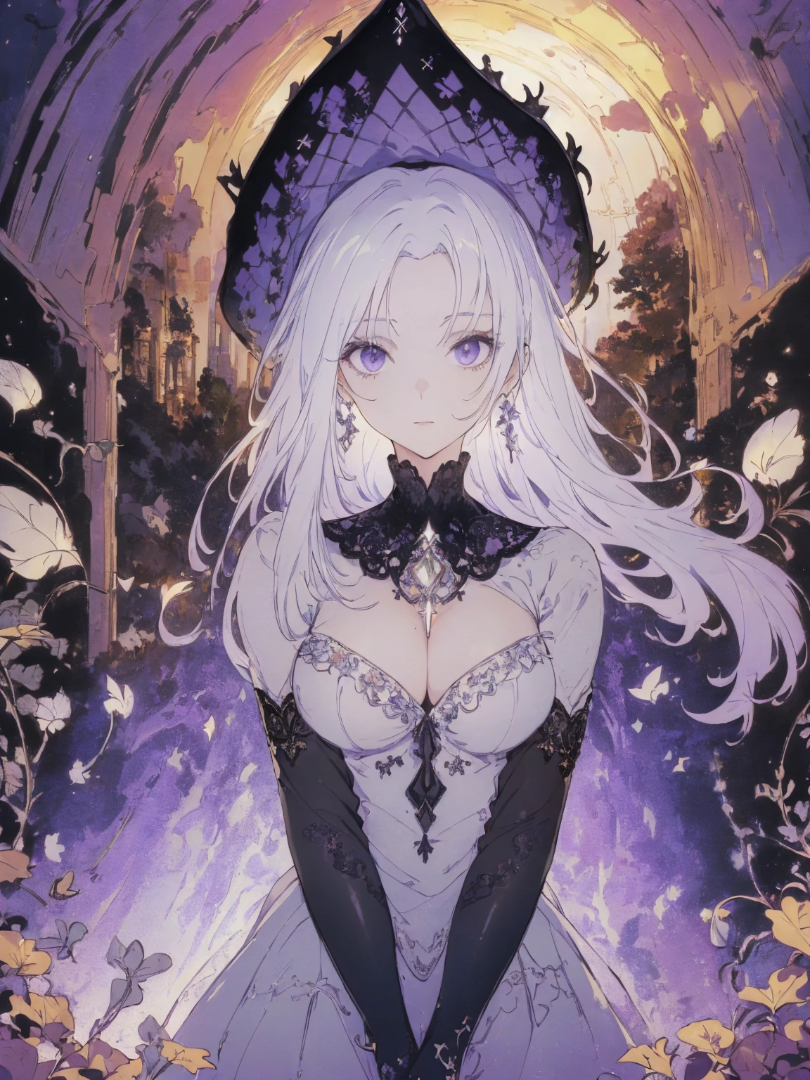 (landscape photo, with a woman in the bottom right of photo:1.5, in white garden:1.5), Masterpiece, best quality, (very detailed CG unity 8k wallpaper), (best quality), High definition RAW color art, Animation,sculptures, (black Marble Skin), (((Ultra detailed elegant))), Magical atmosphere, Detailed skin, Texture,(Intricately detailed, Fine detail, ultra-detail art), depth of fields, bokeh, Silky Touch, Hyper Detail, beautiful eyes, Elegant Face, (sexy profile posing), sparkle background, enormous breast:1.4, (silver hair), pastel purple, witchcraft dress, witchcraft hat, embarrassing face, ivy, Dramatic Light, smiley, Frills, sunset, cross
