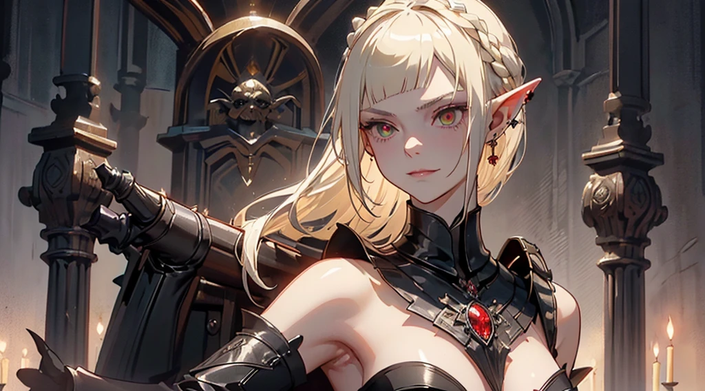 (((​masterpiece))) ((( backdrop = horror theme : in the night time : inside dark creepy room : dark : Detail ))) (((Character = young elf female : elegant long blonde hair with straight bangs : red eye : trained body: Mid Chest : wearing sexy darklord armor outfit : ear rings  : Stand : full of awe for her body : seductive evil wide grin : Stand menacingly : Decollete : ))) ((close up shot))