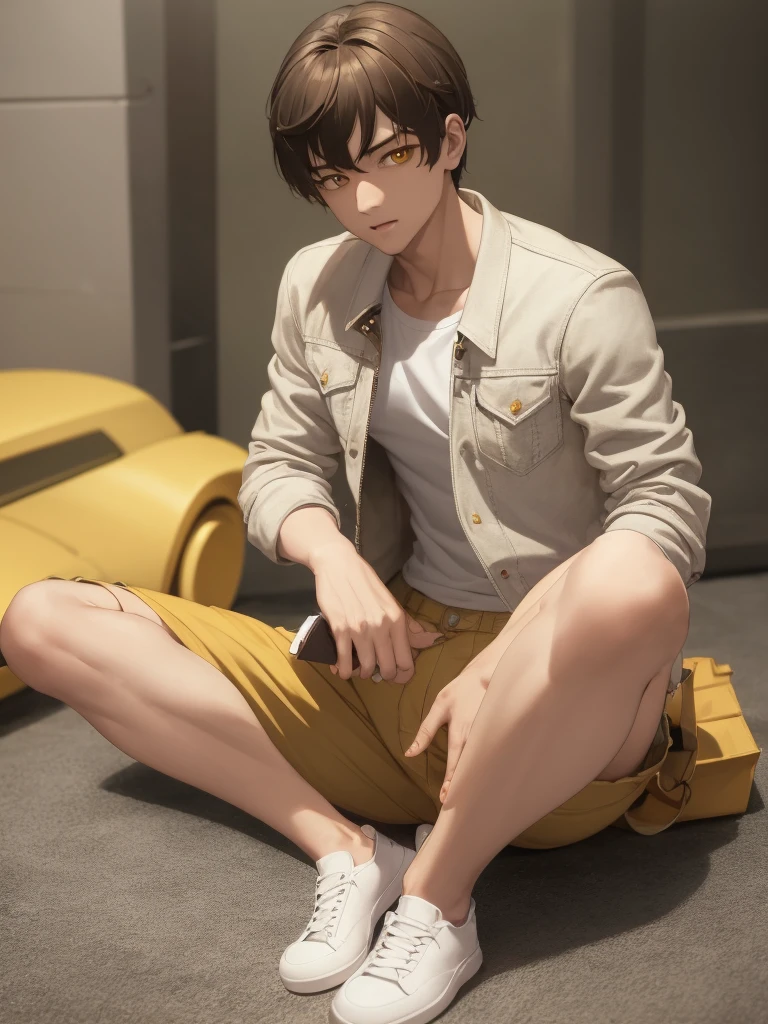1boy, wolfcut brown hair, yellow eyes, wearing plain white t-shirt, cream bomber jacket, denim shorts, photo studio, absurdres, highres, ultrasharp, 8k, masterpiece, looking front at camera, formal pose, anime style, idcard pose, half body