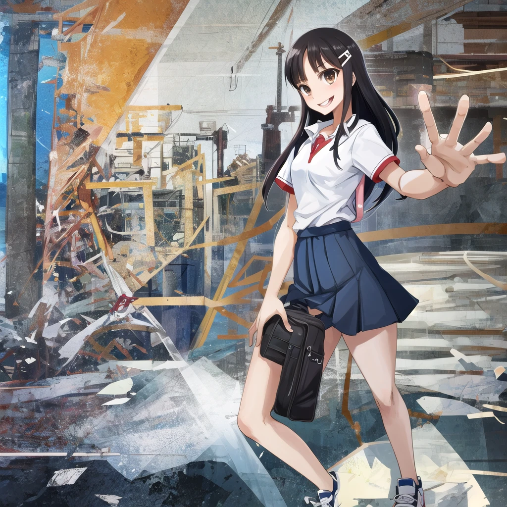 Giant maiden in sneakers,A girl taller than a building,Uniform polo shirt,Short skirt,Crouching girl,Train with miniature toys in your hands ((best quality)), ((masterpiece)), (detailed), 1girl, sexly((best quality)), ((masterpiece)), (detailed), 1girl, sexly((Highest quality)), ((masterpiece)), (detailed), One girl, Sexy expensive body, expensive, Long legs, mature female, mature, Adult, It is_nagatoro_main, nagatoro hayase, One girl, blush, alone, White polo shirt、 Black Hair, bag, Brown eyes, hair ornaments, View your viewers, Hair Clip, Outdoor, Backpack, smile, Long Hair, White shirt, Dark skinned women, Dark Skin, , bangs, Day, skirt, Collared shirt, clavicle, Ear Clip, Rolled up my sleeves, Mouth closed, wood, asymmetrical bangs, Upper Body(worst quality, low quality:1.4), monochrome, signature, text, logo(worst quality, low quality:1.4), monochrome, zombie, (interlocked fingers:1.2), (easynegative, FastNegativeV2, negative_hand-neg, ng_deepnegative_v1_75t, bad_prompt_version2-neg, verybadimagenegative_v1.3:1.2), (censored, blurred, blurred pussy, blurred penis, censored penis, censored pussy, mosaic censoring:1.5), (big hands, big fingers, thick hands, thick fingers:1.5)