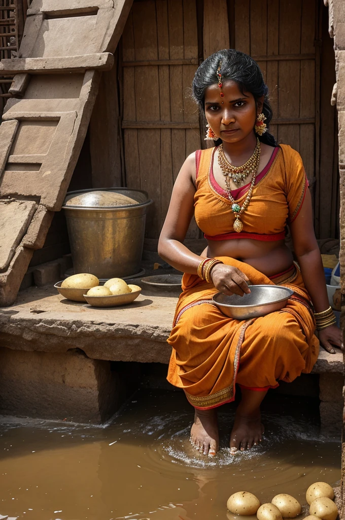 a Indian poor woman is making a big ganpati
 out of potato people are washing 