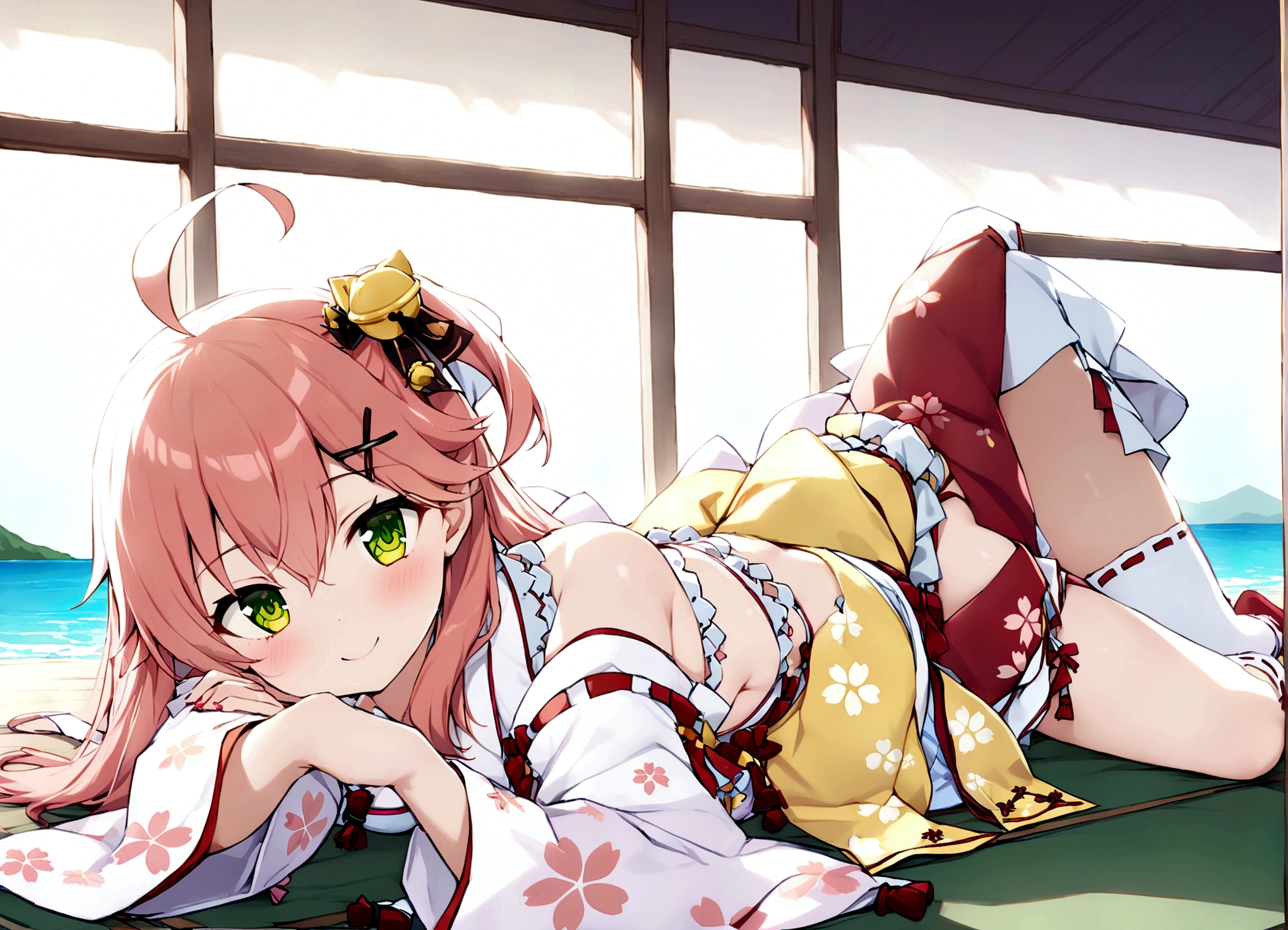 ((masterpiece,Highest quality)),One girl, Day, Swimwear, View your viewers, Recall, Ocean, Miko 1, sakura miko, Green Eyes, alone, Ahoge, X Hair Ornament, Pink Hair, Single knee socks, Side bust, Hair Clip, Hair Bell, Floral print, Long Hair, Hair between the eyes, One side up, White knee socks, Asymmetrical legwear, Wide sleeves, smile, sunny, Lie down