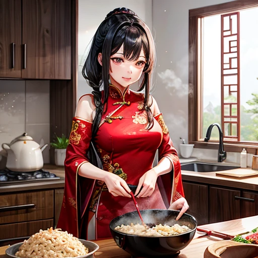 Mature Woman　Red Chinese Dress　Using a Chinese pan､Making fried rice　There is a slit　Shortcuts　Black Hair
