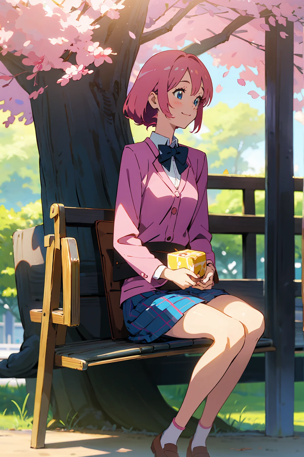 An anime-style illustration of a cheerful high school girl with bright blue eyes and shoulder-length pink hair, sitting on a bench in the schoolyard. She is dressed in a cute and vibrant , with a plaid skirt and a pastel-colored blazer. On her lap, she holds an adorable bento box decorated with cartoon characters, filled with neatly arranged onigiri, tamagoyaki, and fresh fruit. Her friends are visible in the background, chatting and laughing under the shade of a large sakura tree. The art style is inspired by modern shoujo anime, with vivid colors, expressive characters, and a whimsical, heartwarming atmosphere. High-resolution with fine details and soft, diffused lighting.