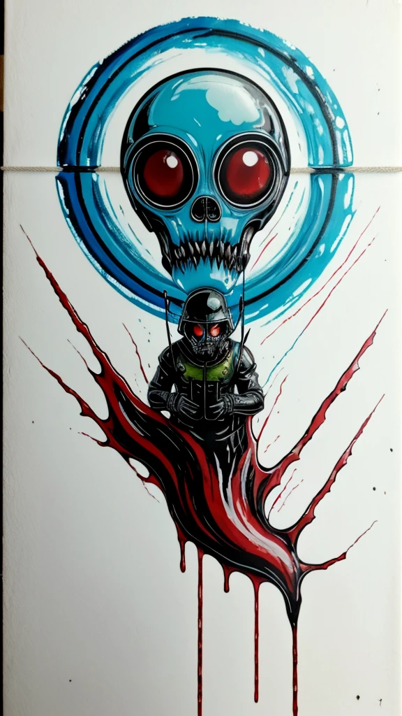 Kí hiệu logo phóng xạ, cách ly, a Alien monster ADN person in white gloves holding a glass with blood on it, lightblue acrylic paintdrip tar, Scary little alien creature,acrylic liquid colors, blacklight reacting, mixed liquid acrylic, toxic drips, dye - transfer, dye-transfer, liquid painting, drip painting, acryclics, rna bioweapon, red and cyan ink, wet - on - wet technique,Biological experiment on strange creatures.Leo.Hình ảnh phẫu thuật. Mũ phòng thí nghiệm. Monster .