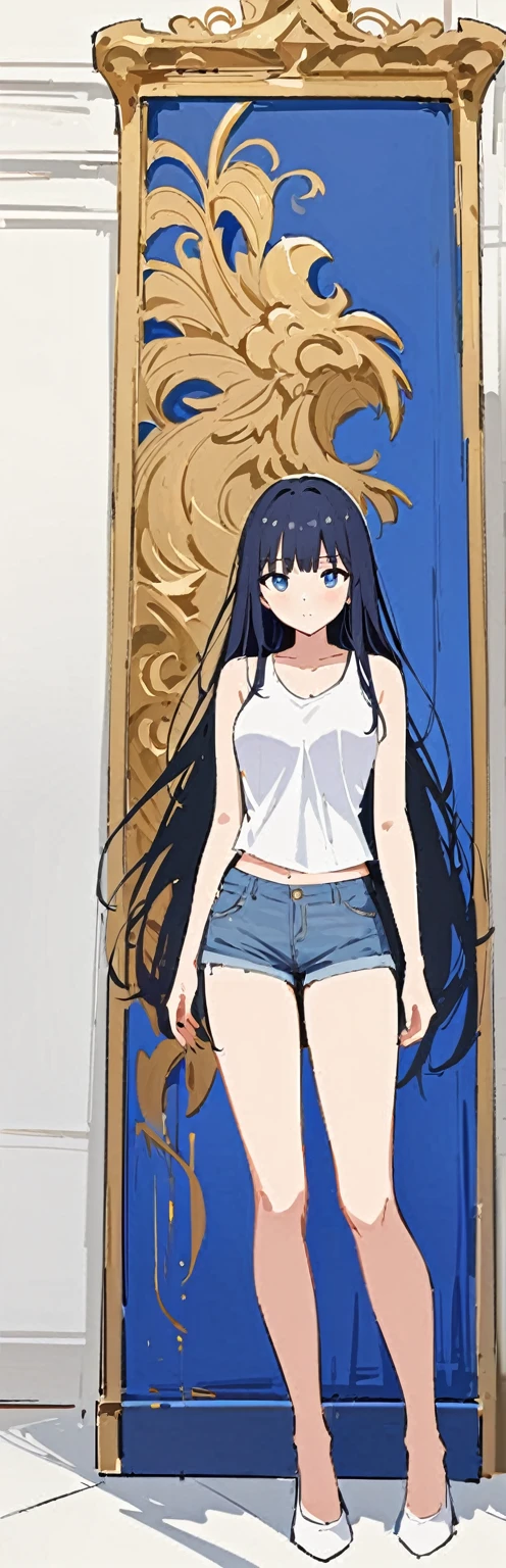 (work of art, best qualityer:1.2), 1 girl, standing alone,standing_to divide, 
long hair, White sleeveless tank top，shorts jeans azul