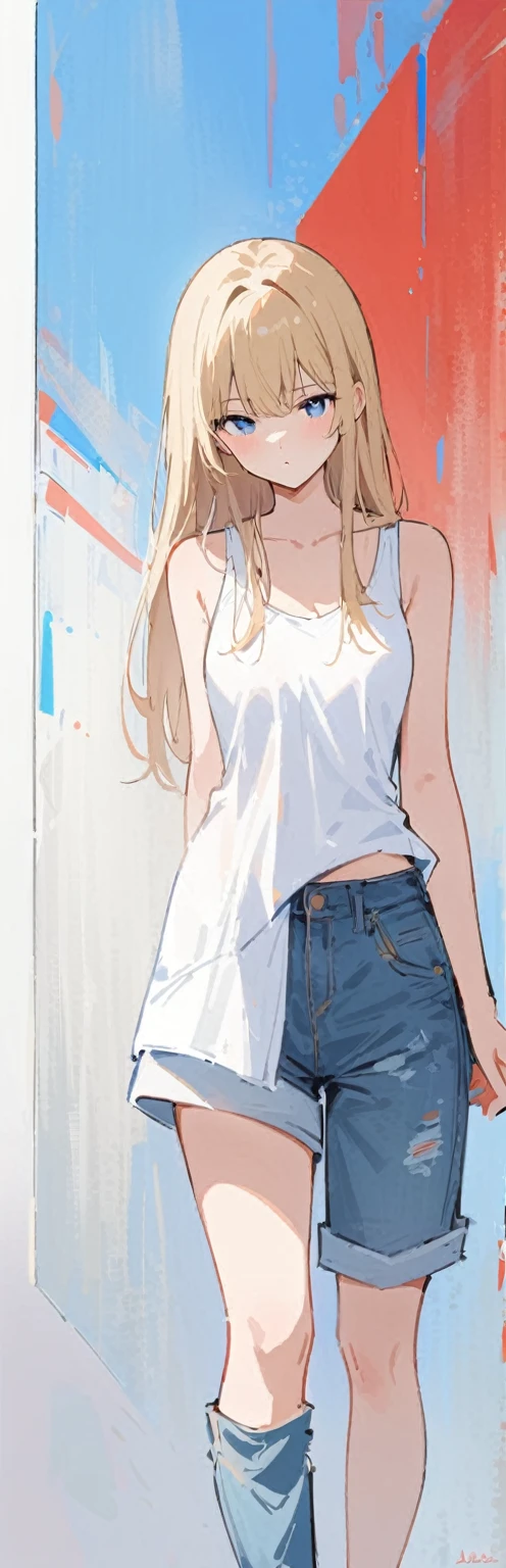 (work of art, best qualityer:1.2), 1 girl, standing alone,standing_to divide,
long hair, White sleeveless tank top,shorts jeans azul