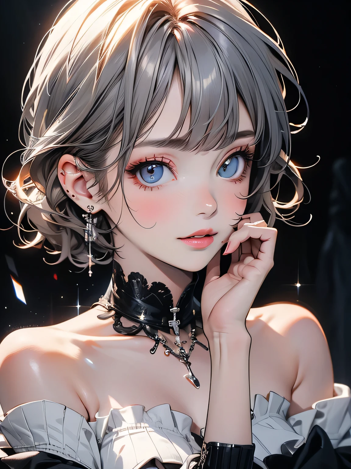 Highest quality, masterpiece, Ultra-high resolution, (Realistic: 1.4), RAW Photos, One girl, Off the shoulder, Cinema Lighting, Kiss pose, Heterochromia iridis, Gray Hair, Gray Hair