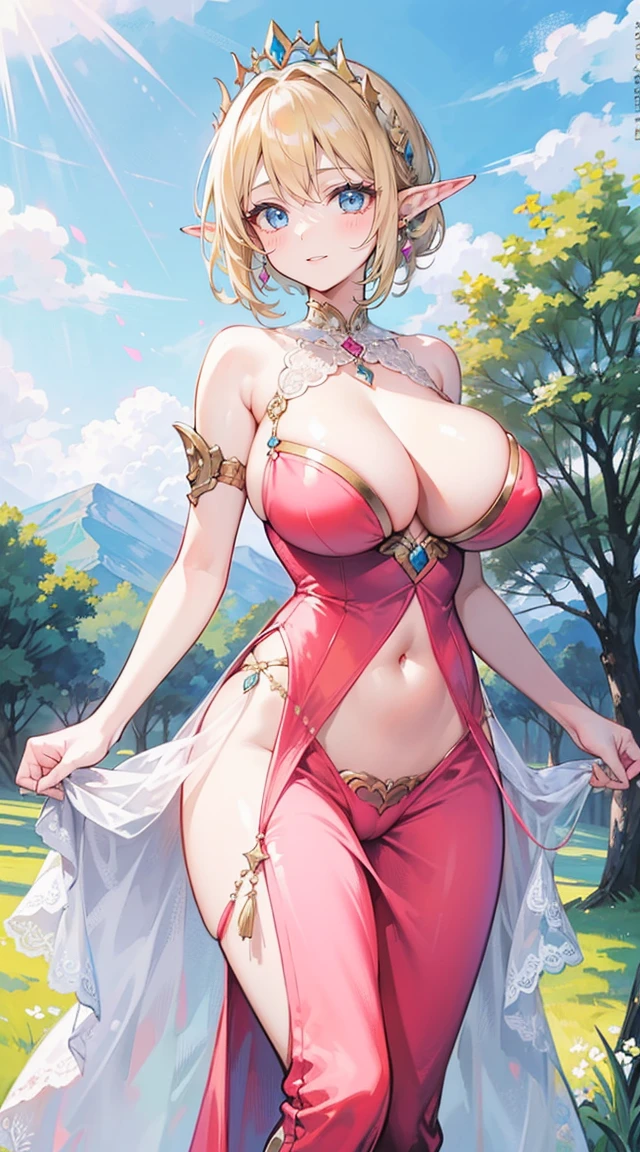beautiful woman,folk girl,blonde with blue eyes,Wear a rococo ball gown to look elegant... Decorated with long shapes, fluffy skirt.,Beautiful rococo style evening gown with amazing details... Finished off with a long skirt with large pleats...,countryside,countryside,beautiful scenery,European Middle Ages,Smile until all your teeth are gone.,forehead,forehead exposed,very big breasts,ear nipple ring,side waist slit,tight,((side chest)),trousersชั้นในลูกไม้,trousers,((big tits)),(pubic bone),(Hold your hands on your chest...),(Elf Princess), rift, visible chest, Show your breasts, open chest, I see bulging nipples,,(((large areolae:1.4,pink,The nipples are clearly visible.....))),Navel drive,dance,dance, (((2 young women ,beautiful woman))),Revealing the skin, ((pussy,bare female genitals))