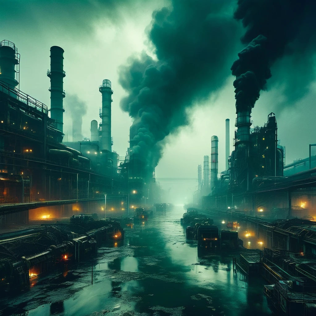Polluted future city, Thick smoke billows from a large number of industrial plants, Discarded machinery, Toxic polluted water, The haze is everywhere、Ominous sky, (best quality,4K,8K,high resolution,masterpiece:1.2),Extremely detailed,(Practical,photoPractical,photo-Practical:1.37),painting,Concept Art,Moody Dramatic Lighting,Dystopia,dark and gritty,GLOOMY AMBIANCE,Inspiration from Bill Sienkiewicz