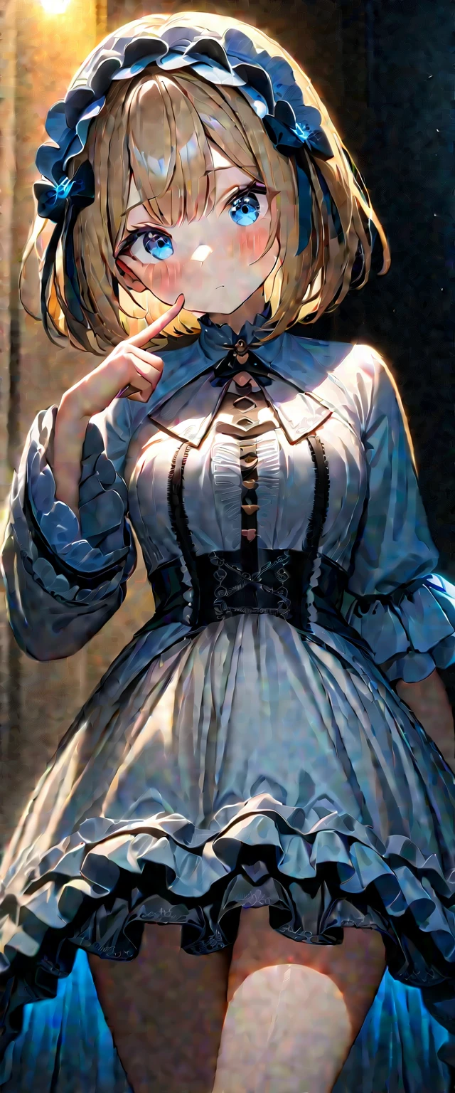 (((One girl))), blond hair, bob cut, breasts, from front, (cowboy shot), (looking at viewer), (((gothic ta:1.3))), loliairband short dress, bare legs, index finger to own mouth, arm at side, face in focus, teenagerad tilt:1.3, (((blue eye))), ((no mouth)), ((blush)), (()), anime style, (best quality, 4k, 8k, highres, masterpiece:1.2, ultra-detailed, ultra-detailed eyes, HDR, UHD, studio lighting, ultra-fine painting, sharp focus, physically-based rendering, extreme detail description, professional, vivid colors, bokeh)