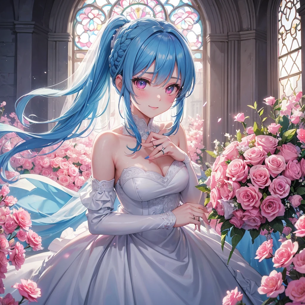 Sky blue hair, (Braided Ponytail),(Pink Eyes),Fair skin ,(whole body),(One girl),bride,A big smile,Straight bangs, 6月のbride,Wedding dress,(masterpiece, Highest quality, Very detailed, Best Shadow), (Detailed Background), (Beautifully detailed face), High Contrast, (Best lighting, Very delicate and beautiful), ((Cinematic Light)), colorful, Hyper Detail, Dramatic Light, Intricate details,Chapel background,Bouquet of roses,Ring on left ring finger,