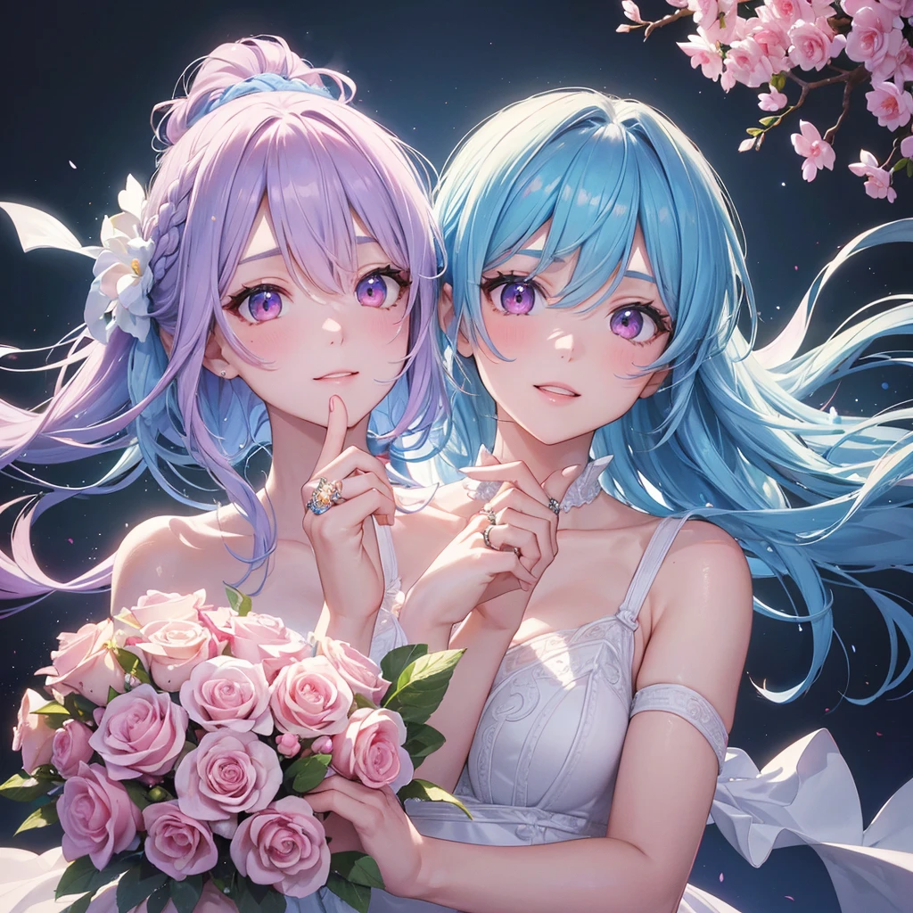 Sky blue hair, (Braided Ponytail),(Pink Eyes),Fair skin ,(whole body),(One girl),bride,A big smile,Straight bangs, 6月のbride,Wedding dress,(masterpiece, Highest quality, Very detailed, Best Shadow), (Detailed Background), (Beautifully detailed face), High Contrast, (Best lighting, Very delicate and beautiful), ((Cinematic Light)), colorful, Hyper Detail, Dramatic Light, Intricate details,Chapel background,Bouquet of roses,Ring on left ring finger,