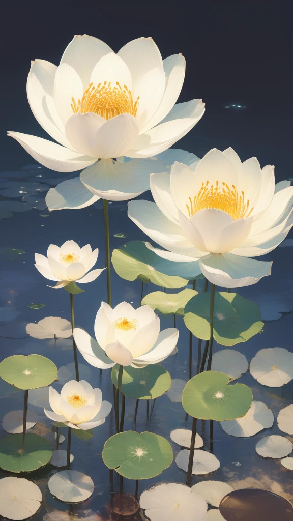 (masterpiece,high resolution,high quality,high resolution),(lotus:1.1),白色和浅粉色的lotus,Lotus Leaf,水中的lotus,summer,dew,Clear water,Bright Light,Aquatic plants,Chinese garden in the background,unmanned,outdoor,Stone,photography,(Overlooking:1.1),Top-down shooting。