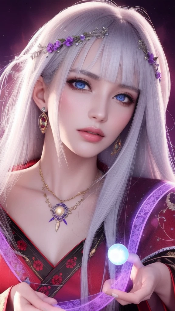 (masterpiece, top quality, 1 female, solo, exquisite details, chromatic aberration), (realistic), (skin), ((breathing)), (silver hair, blunt bangs, short straight long hair, short bangs, silver hair), beautiful hair, red headdress, blue highlights, hair over one eye, pretty eyes, purple eyes, thick lips, earrings, piercing eyes, ((gold and white kimono)), ((symmetrical eyes)), ((perfectly symmetrical body)), ((perfectly symmetrical hands)), (purerosface_v1:0.3), night, ((self, natural light))), bright lighting, flowers blooming in the background, in front of the viewer, ((central shot, from the front, (face and shoulders))), mysterious atmosphere, flowers blooming around, light colored background, fortune teller in kimono, beautiful fortune teller, fortune teller, fantasy female fortune teller, female fortune teller, f Fantasy photography, magician, witch fairy tale, Japanese style, elegant cinematic fantasy art, fantasy woman, sorceress portrait, casting spells, fortune teller, powerful wizard stands among mystical colorful flowers, fluttering robes adorned with symbols, holding a glowing heart crystal ball, eyes glowing with mystical energy, spells leaking from his mouth, vivid swirling patterns of black magic pulsating with iridescent hues appear in the air, magic permeates, flowers bloom, sacred creatures gaze in awe, threads of magical energy dance, revealing hidden realms, unravelling secrets, capturing the essence of this enchanting moment and bringing to life the mystical power of witchcraft on a canvas of the highest quality and finest detail. Top Quality, Masterpiece, Ultra High Resolution, (Photorealistic: 1.4), RAW Photo, Sharp Focus, High Resolution, Detailed Skin.