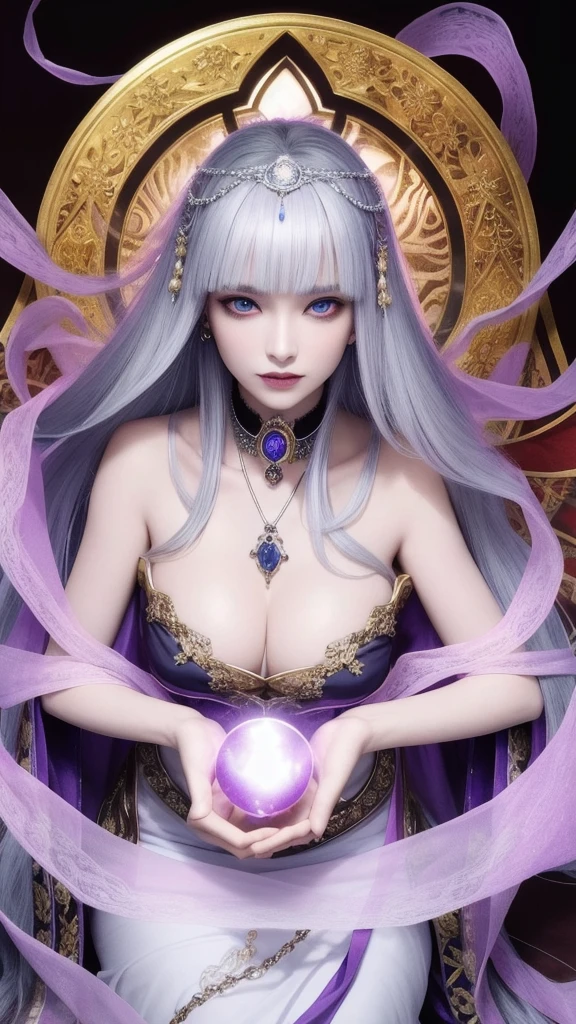 (masterpiece, top quality, 1 female, solo, exquisite details, chromatic aberration), (realistic), (skin), ((breathing)), (silver hair, blunt bangs, short straight long hair, short bangs, silver hair), beautiful hair, red headdress, blue highlights, hair over one eye, pretty eyes, purple eyes, thick lips, earrings, piercing eyes, ((gold and white kimono)), ((symmetrical eyes)), ((perfectly symmetrical body)), ((perfectly symmetrical hands)), (purerosface_v1:0.3), night, ((self, natural light))), bright lighting, flowers blooming in the background, in front of the viewer, ((central shot, from the front, (face and shoulders))), mysterious atmosphere, flowers blooming around, light colored background, fortune teller in kimono, beautiful fortune teller, fortune teller, fantasy female fortune teller, female fortune teller, f Fantasy photography, magician, witch fairy tale, Japanese style, elegant cinematic fantasy art, fantasy woman, sorceress portrait, casting spells, fortune teller, powerful wizard stands among mystical colorful flowers, fluttering robes adorned with symbols, holding a glowing heart crystal ball, eyes glowing with mystical energy, spells leaking from his mouth, vivid swirling patterns of black magic pulsating with iridescent hues appear in the air, magic permeates, flowers bloom, sacred creatures gaze in awe, threads of magical energy dance, revealing hidden realms, unravelling secrets, capturing the essence of this enchanting moment and bringing to life the mystical power of witchcraft on a canvas of the highest quality and finest detail. Top Quality, Masterpiece, Ultra High Resolution, (Photorealistic: 1.4), RAW Photo, Sharp Focus, High Resolution, Detailed Skin.