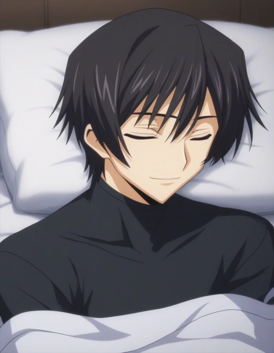 score_9, score_8_up, score_7_up, source_anime, rating_safe, intricate details, anime screencap, , , looking at viewer, depth of field, 1boy, solo, male focus, lelouch_lamperouge, black hair, purple eyes, bangs, smile, closed eyes, sleeping, cute, black pajamas costume,, bed room, night,