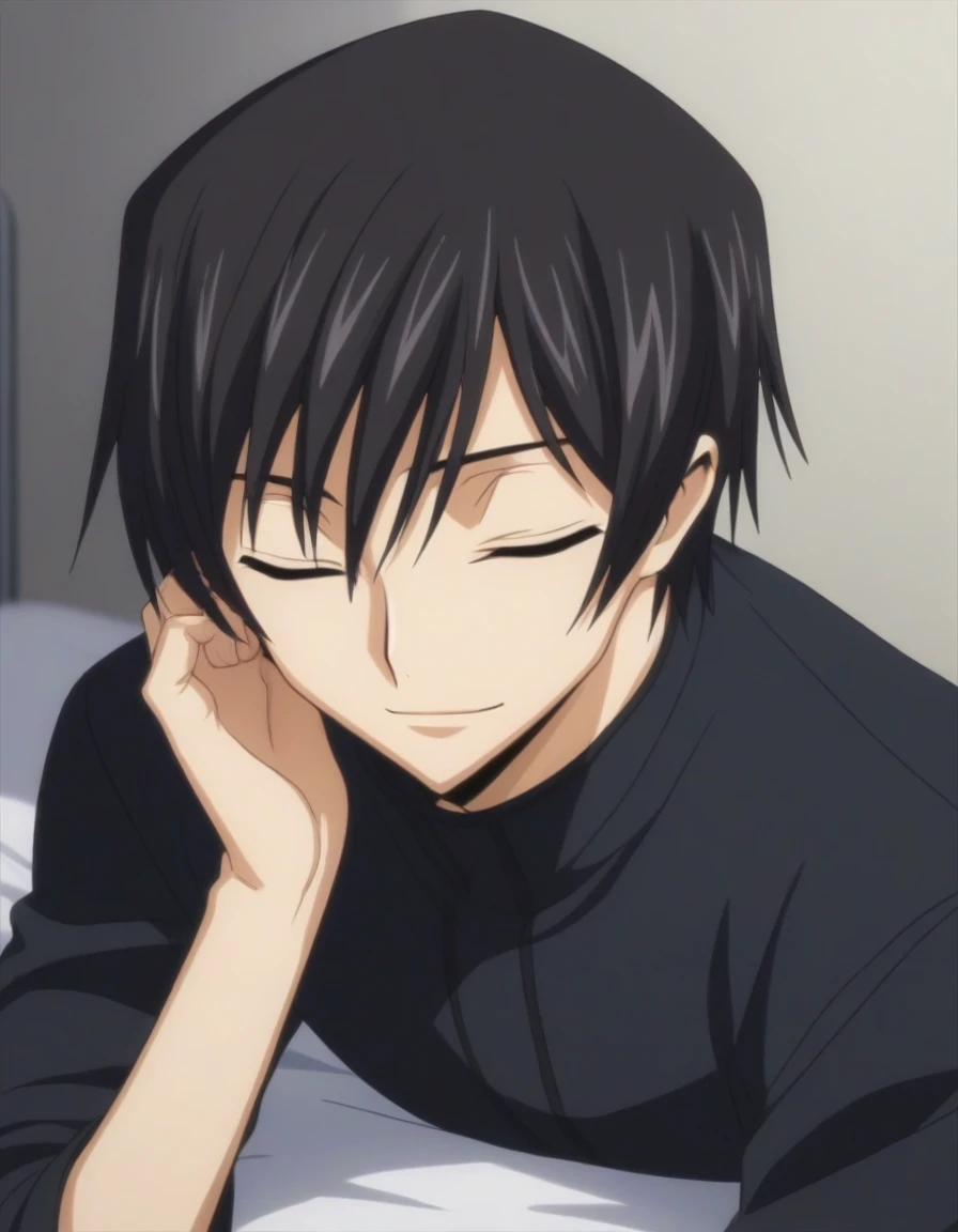 score_9, score_8_up, score_7_up, source_anime, rating_safe, intricate details, anime screencap, , , looking at viewer, depth of field, 1boy, solo, male focus, lelouch_lamperouge, black hair, purple eyes, bangs, smile, closed eyes, sleeping, cute, black pajamas costume,, bed room, night,