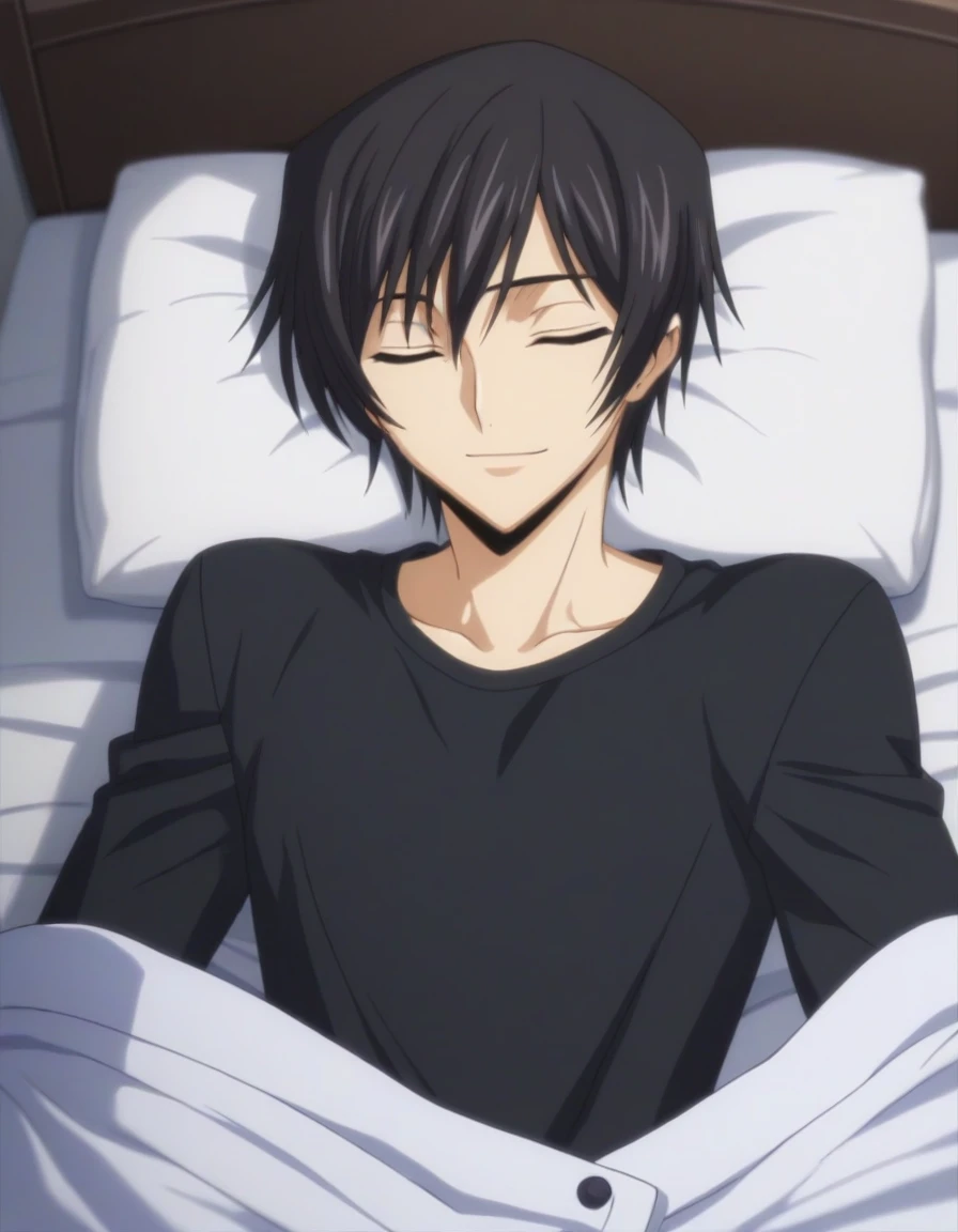 score_9, score_8_up, score_7_up, source_anime, rating_safe, intricate details, anime screencap, , , looking at viewer, depth of field, 1boy, solo, male focus, lelouch_lamperouge, black hair, purple eyes, bangs, smile, closed eyes, sleeping, cute, black pajamas costume,, bed room, night,