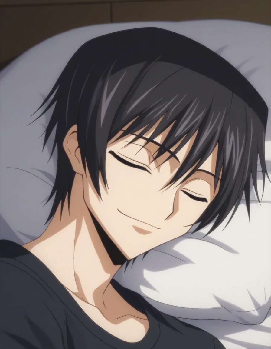 score_9, score_8_up, score_7_up, source_anime, rating_safe, intricate details, anime screencap, , , looking at viewer, depth of field, 1boy, solo, male focus, lelouch_lamperouge, black hair, purple eyes, bangs, smile, closed eyes, sleeping, cute, black pajamas costume,, bed room, night,