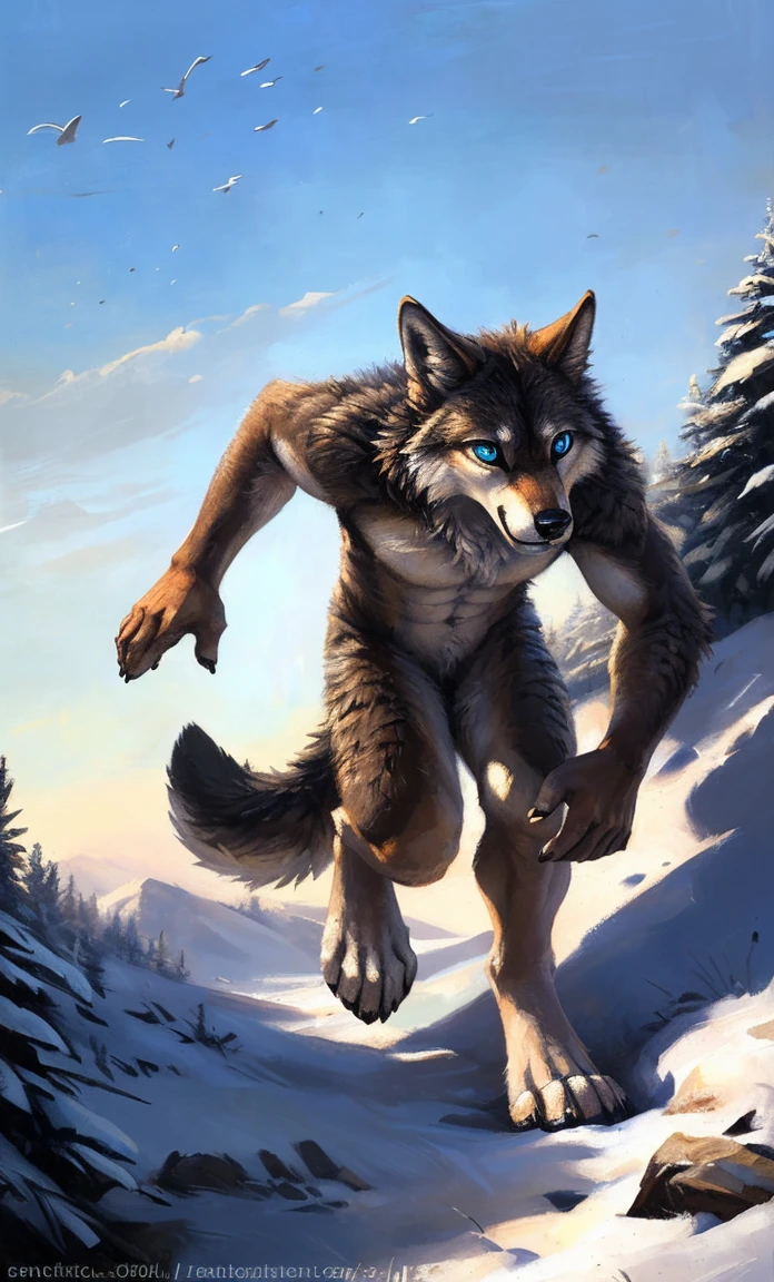 ((Solo)), male people, anthro wolf, (Multi-colored fur, White-brown:1.3，White tail pointed), (Height 2.1m,Tail length 1.5m), ((Wolf face, Big eyes, White eyelids, Blue pupil, Slim:1.2) (Tough, Calm expression:1.2)), Abs, Slim, pinging)), (Correct anatomy), Naked all over the body,A long big tail，Feet，(Realistic fur, Detailed fur texture, labeled:1.3)), (Natural lighting), Photorealistic, Hyperrealistic, ultradetailed, by Kenket，Snowfield，No artifacts, Running on