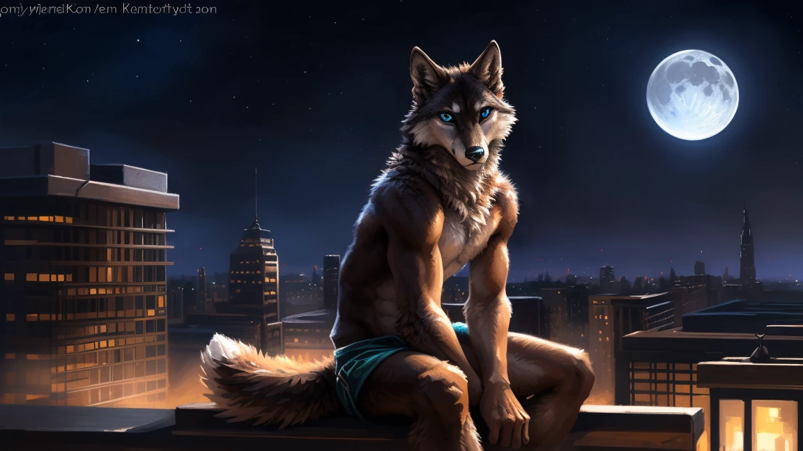 ((Solo)), male people, anthro wolf, (Multi-colored fur, White-brown:1.3), ((Wolf face, Big eyes, White eyelids, Blue pupil, Slim:1.2) (Tough, Calm expression:1.2)), (Height 2.1 meters,Tail length 1.5m), Abs, Slim, pinging, (Correct anatomy), (Contour bone:1.2), The upper body is naked, (detailed outfits), a long large tail，Feet，(Realistic fur, Detailed fur texture, labeled:1.3)), (Natural lighting), Photorealistic, Hyperrealistic, ultradetailed, by Kenket，In the modern city，Roof，the night，Sit alone，Look at the full moon，It was dark，Starry