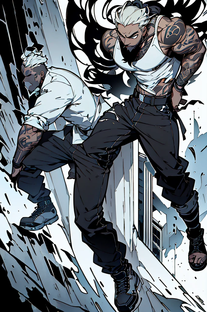 thin man, perfectly trimmed beard, long hair in ninja cut, .braided hair,. with tattoos on both shoulders, chest and right leg, urban style clothing white shirt and a black one on top of the white one, ecko black denim pants, timberland boots in cream color, 1.65 height. (rapper) (urbano style) (animated) ((style anime)) (graffiti spirit secret art death painting,) (30% futuristic cibor,) human ft futuristic robot, hero soldier, futuristic ninja rapper man.(((HD, 4k, real))) (8k) ULTRA DEFINED.mystical magic (whole body)Full body around him are 7 very beautiful and beautiful women, each one of a different race..