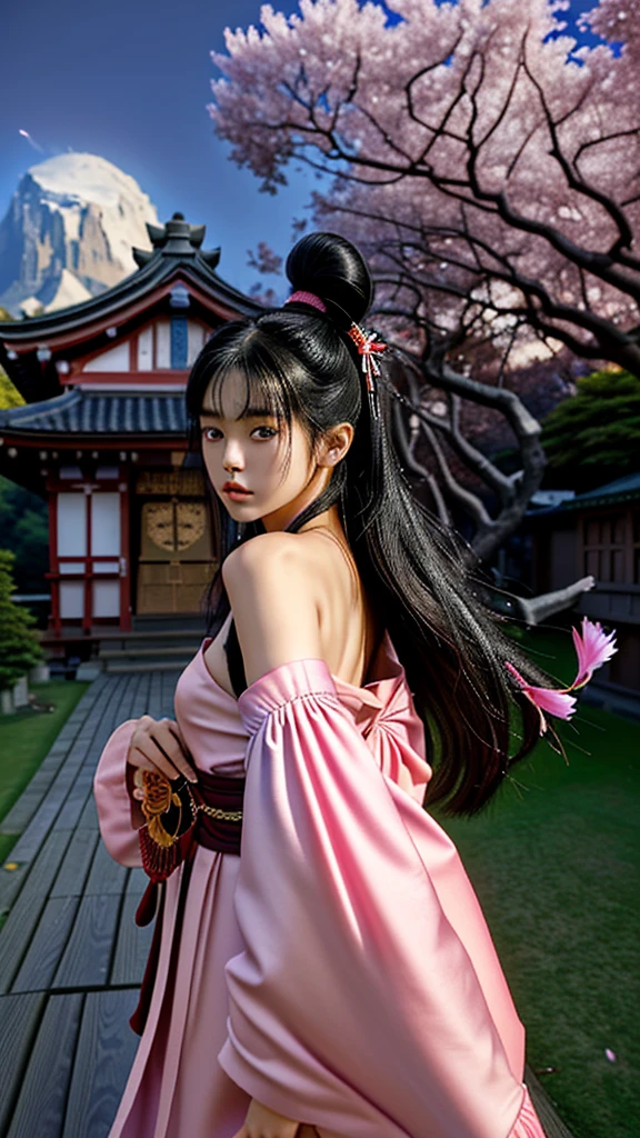 (Highest quality, masterpiece),(One girl, Shrine maiden, coat, expression, Iris, Look ahead ,Black Hair, walking, Upper Body), (Night maze sky, Huge old tree behind, Shiny pink petals fall behind, The shrine behind, Mountain Background, Blowing Wind, meteor cloud)