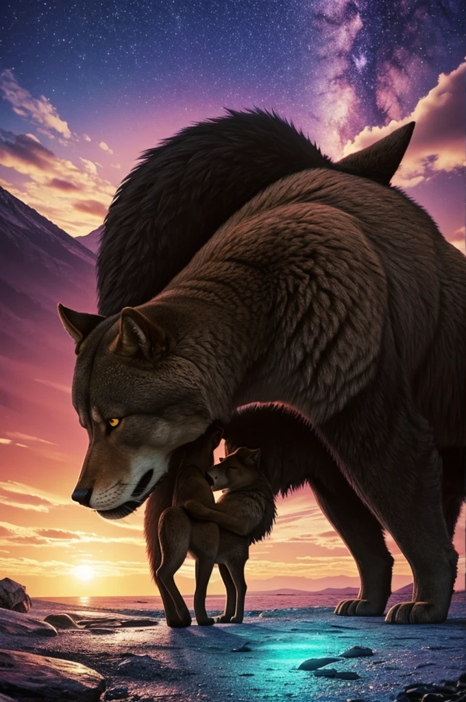 Strong furry gay alpha with a furry omega kissing in a landscape of love