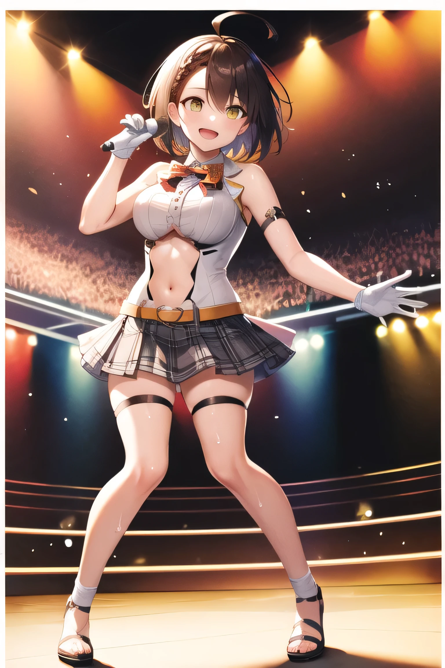 masterpiece, Highest quality, High resolution, Ewald, short hair, Ahoge, French Braid, For the mini, Orange ribbon, Plaid, Sleeveless shirt, Center frill, Arm strap, White gloves, Belly button cutout, belt, White Skirt, mini skirt, stage, Holding a microphone, smile, Open your mouth, Are standing, audience, sing, Sweat, standing , fullbody , toe