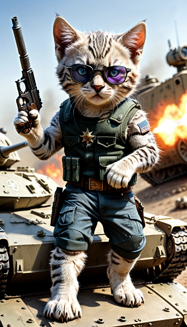 kitten, cool, general, on a tank, battle field, holding a pistol, scar on 1 eye, black glasses