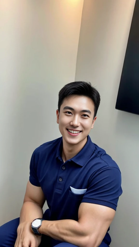 A male police officer in his 20s poses for a group photo., Wear a navy blue polo shirt., high resolution, Masterpiece, best quality, head:1.3,, Smooth and fine skin, clear focus, (movie light), during the night, gentle light, Dynamic angle, (detailed face:1.2), (((exercise))), sport, His arm muscles were very big., hand in crotch, In his office, mouth open, smiling.