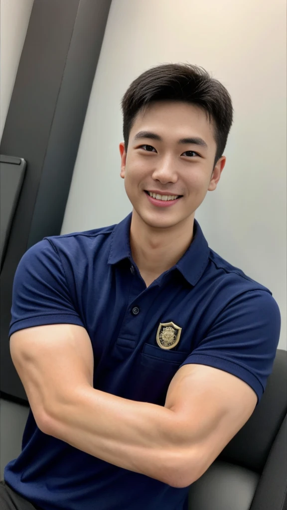 A male police officer in his 20s poses for a group photo., Wear a navy blue polo shirt., high resolution, Masterpiece, best quality, head:1.3,, Smooth and fine skin, clear focus, (movie light), during the night, gentle light, Dynamic angle, (detailed face:1.2), (((exercise))), sport, His arm muscles were very big., hand in crotch, In his office, mouth open, smiling.