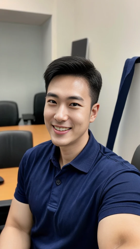 A male police officer in his 20s poses for a group photo., Wear a navy blue polo shirt., high resolution, Masterpiece, best quality, head:1.3,, Smooth and fine skin, clear focus, (movie light), during the night, gentle light, Dynamic angle, (detailed face:1.2), (((exercise))), sport, His arm muscles were very big., hand in crotch, In his office, mouth open, smiling.